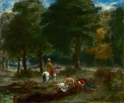 Greek Cavalry Men Resting in Forest av Eugène Delacroix