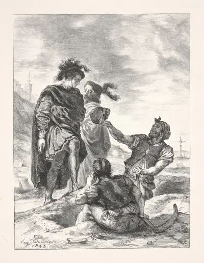 Hamlet and Horatio with the gravediggers (Act V, scene I) av Eugène Delacroix