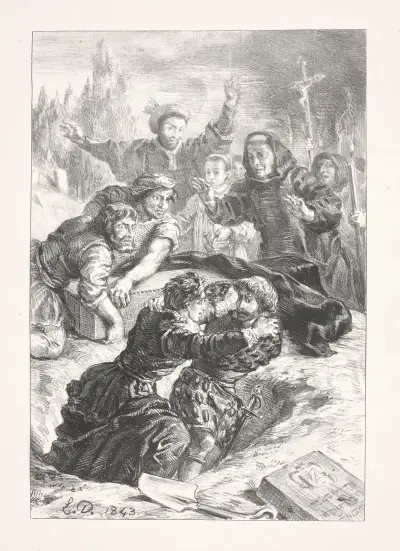 Hamlet and Laertes fight in the grave (Act V, scene I av Eugène Delacroix