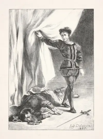 Hamlet and the body of Polonius (Act III scene iv) av Eugène Delacroix