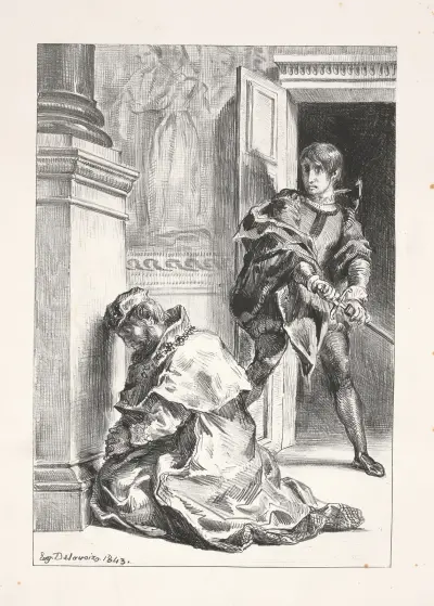 Hamlet tries to kill the King (Act III, scene iii) av Eugène Delacroix