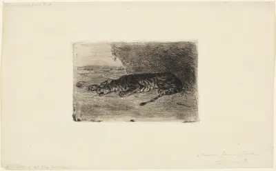 Liegender Tiger am Eingang seiner Höhle av Eugène Delacroix
