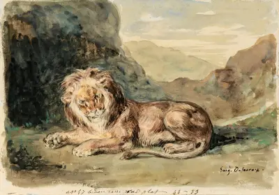 Lying Lion In A Landscape av Eugène Delacroix