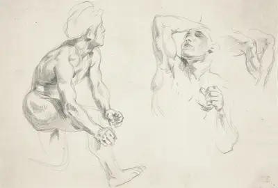 Male Nude Posing for Figures in the ‘Frise de la Guerre’ av Eugène Delacroix