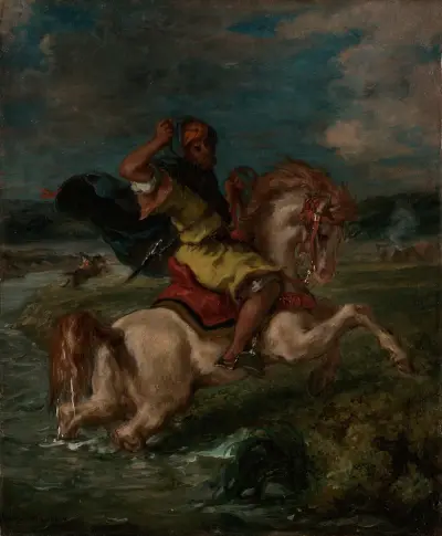 Moroccan Horseman Crossing a Ford av Eugène Delacroix