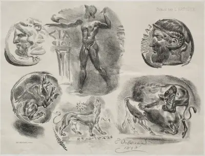 Sheet with Six Antique Medals av Eugène Delacroix