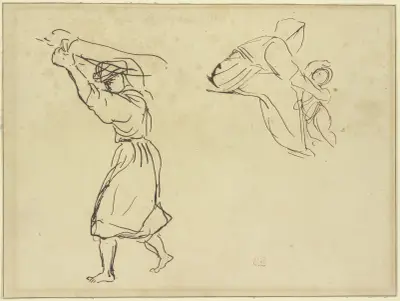 Studienblatt; Araber, ein Tuch schwingend; Mutter und Kind av Eugène Delacroix