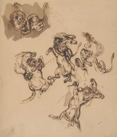 Studies of a Rearing Horse Attacked by a Lion and a Lion Wrestling with a Serpent av Eugène Delacroix