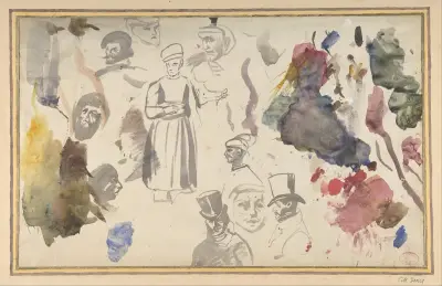 Studies of male heads and a standing male figure av Eugène Delacroix