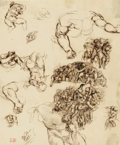 Studies of nude figures, after Michelangelo av Eugène Delacroix