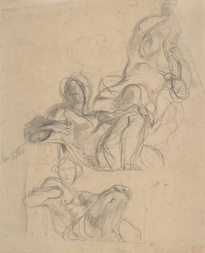 Study of a reclining figure, and a seated figure holding a lyre av Eugène Delacroix
