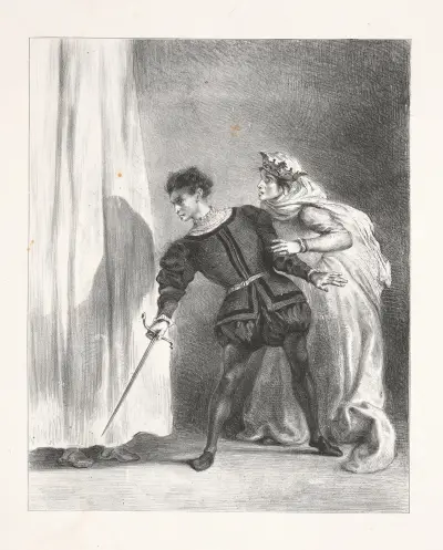 The murder of Polonius (Act III, scene iv) av Eugène Delacroix