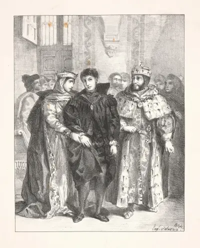 The Queen attempts to console Hamlet (Act I, scene ii) av Eugène Delacroix
