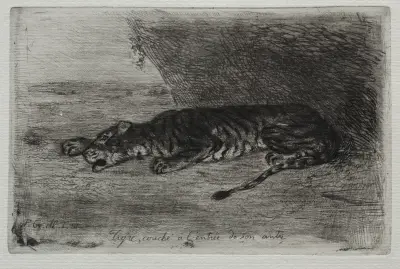 Tiger Sleeping at the Entrance to His Lair av Eugène Delacroix