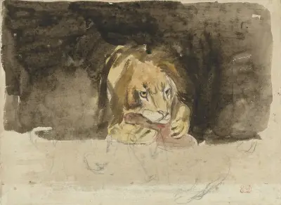 Vleesetende leeuw, van voren gezien, uitkomende tegen een donker fond av Eugène Delacroix