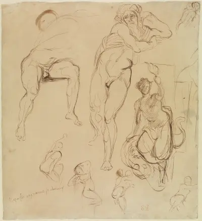 Zwei männliche und sechs weibliche Figuren av Eugène Delacroix