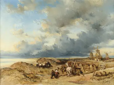 Hästspann vid havet, Holland av Eugène Isabey