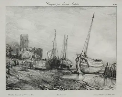 Fishing Boats along the Beach av Eugène Isabey