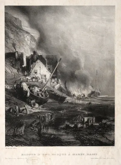 Radoub d’une barque à marée basse av Eugène Isabey