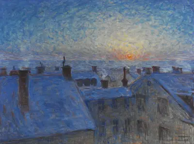 Východ slunce nad střechami. Motiv ze Stockholmu, Eugène Jansson