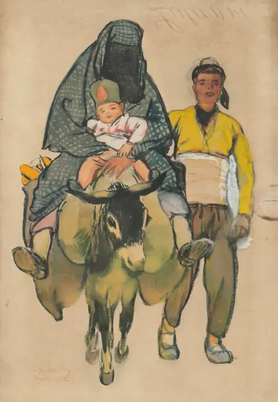 Turecká žena a dítě na oslu, Eugene Lanceray