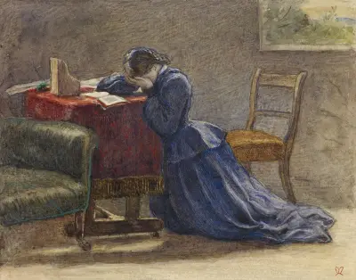 A Wife – Face in Both Hands She Knelt on the Carpet av Sir John Everett Millais