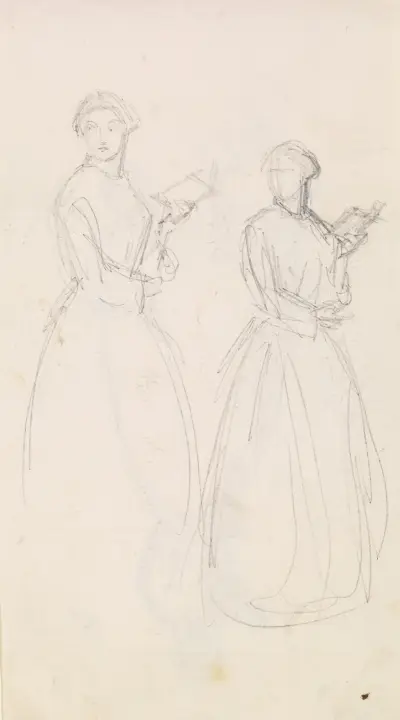 Female – Two Sketches of a Young Woman holding a Book, 1855 – nr 1 av Sir John Everett Millais