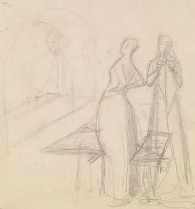 Mariana – Figure Sketch and Sketch of a Woman folding Cloth av Sir John Everett Millais