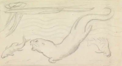 Stained Glass Study, An Otter and Two Fish av Sir John Everett Millais