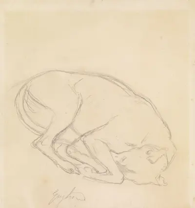 Studies of a chin, a sleeping dog, annotated ‘greyhound’ av Sir John Everett Millais