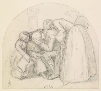 Tennyson’s Dora – Study of Mary, Child and Dora comforting their Father av Sir John Everett Millais
