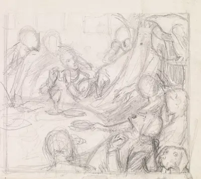 Tennyson’s The Day-Dream – Sketch of the King and Courtiers awakening the Revival av Sir John Everett Millais