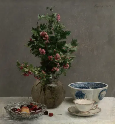 Still Life with Vase of Hawthorn, Bowl of Cherries, Japanese Bowl, and Cup and Saucer av Henri Fantin-Latour
