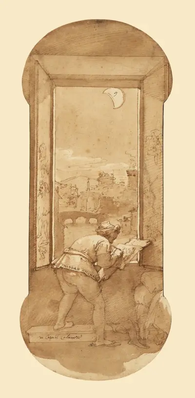 Taddeo Drawing by Moonlight in Calabrese’s House av Federico Zuccaro