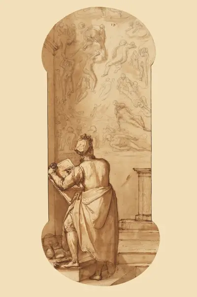 Taddeo in the Sistine Chapel Drawing Michelangelo’s Last Judgment av Federico Zuccaro