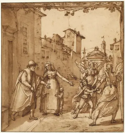 Taddeo Leaving Home Escorted by Two Guardian Angels av Federico Zuccaro