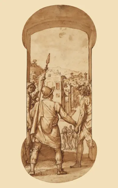 Taddeo Returns to Rome Escorted by Drawing and Spirit toward the Three Graces av Federico Zuccaro