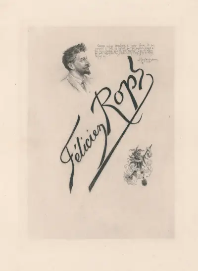 Autoportrait, devise empruntée à Montaigne, signature et sceau de Félicien Rops av Félicien Rops