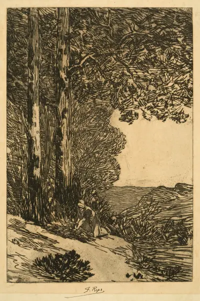 Skogsarbeterskan (Skogsplockerskan eller Stort Brabantlandskap) av Félicien Rops