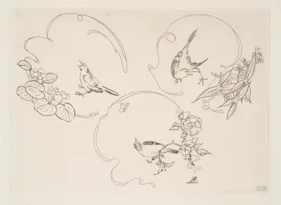 Dessertteller; drei Motive mit Band, Blume und Vogel von Félix Bracquemond