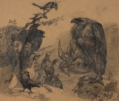 Rovfåglar som slukar sitt byte framför en flock avundsamma fåglar av Félix Bracquemond