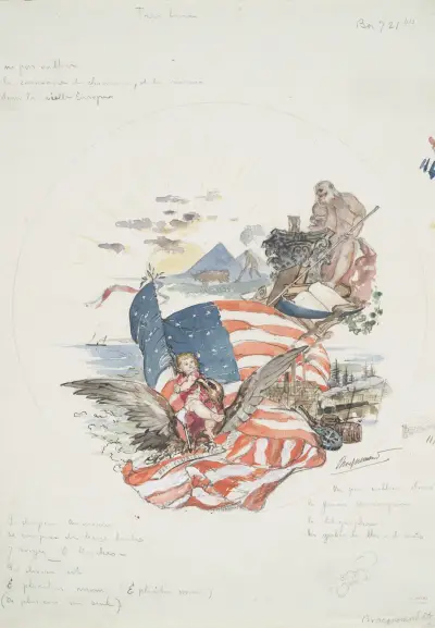 Tellerdekoration (Die alte Welt und das junge Amerika), 1866 – Nr. 1 von Félix Bracquemond