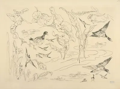 Dekor för toalettservis; ankor och stora blad av Félix Bracquemond
