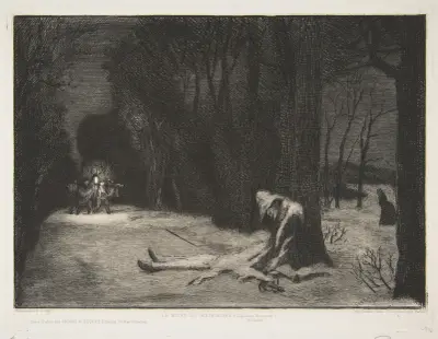 La Mort de Matamore (Capitaine Fracasse) av Félix Bracquemond