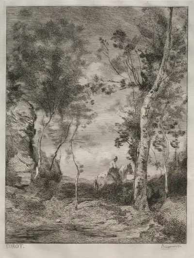 Landskap, eller Den vita hästen, efter Corot av Félix Bracquemond