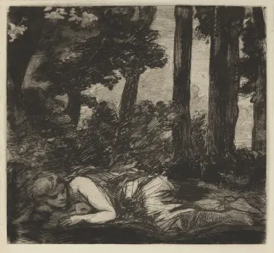 Nymph lying on the banks of a stream av Félix Bracquemond