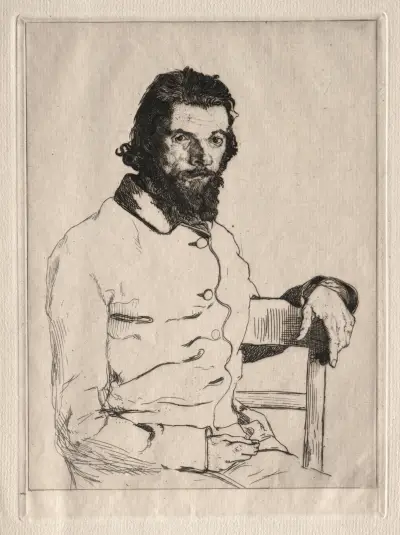 Porträtt av Meryon, sittande av Félix Bracquemond