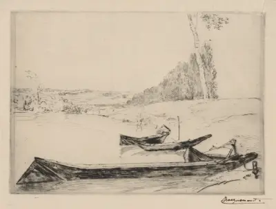 Small ferry-boats on the banks of the Seine av Félix Bracquemond
