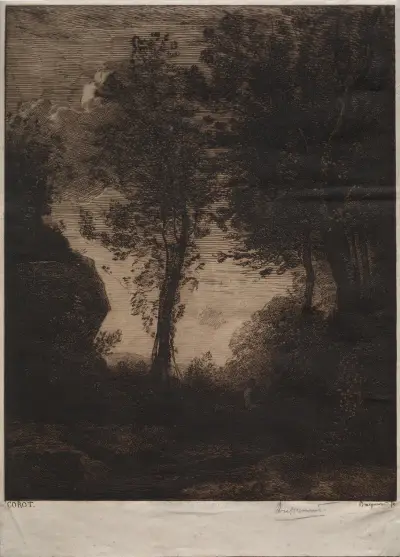 Solnedgång, efter Corot av Félix Bracquemond