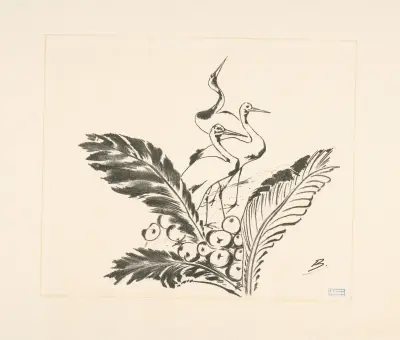 Trois grues derrière de grandes feuilles. av Félix Bracquemond